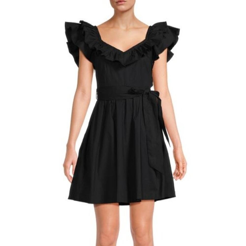 Hill House The Ana Dress Ruffle Flutter Sleeve Belted A-Line Mini Black NWT S